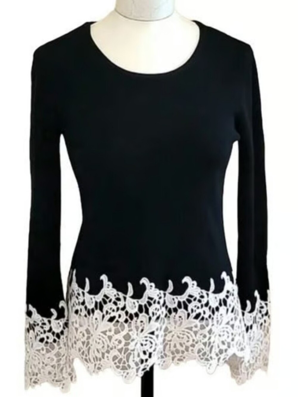 INC International Concepts Black Long-Sleeve Top with White Lace Trim